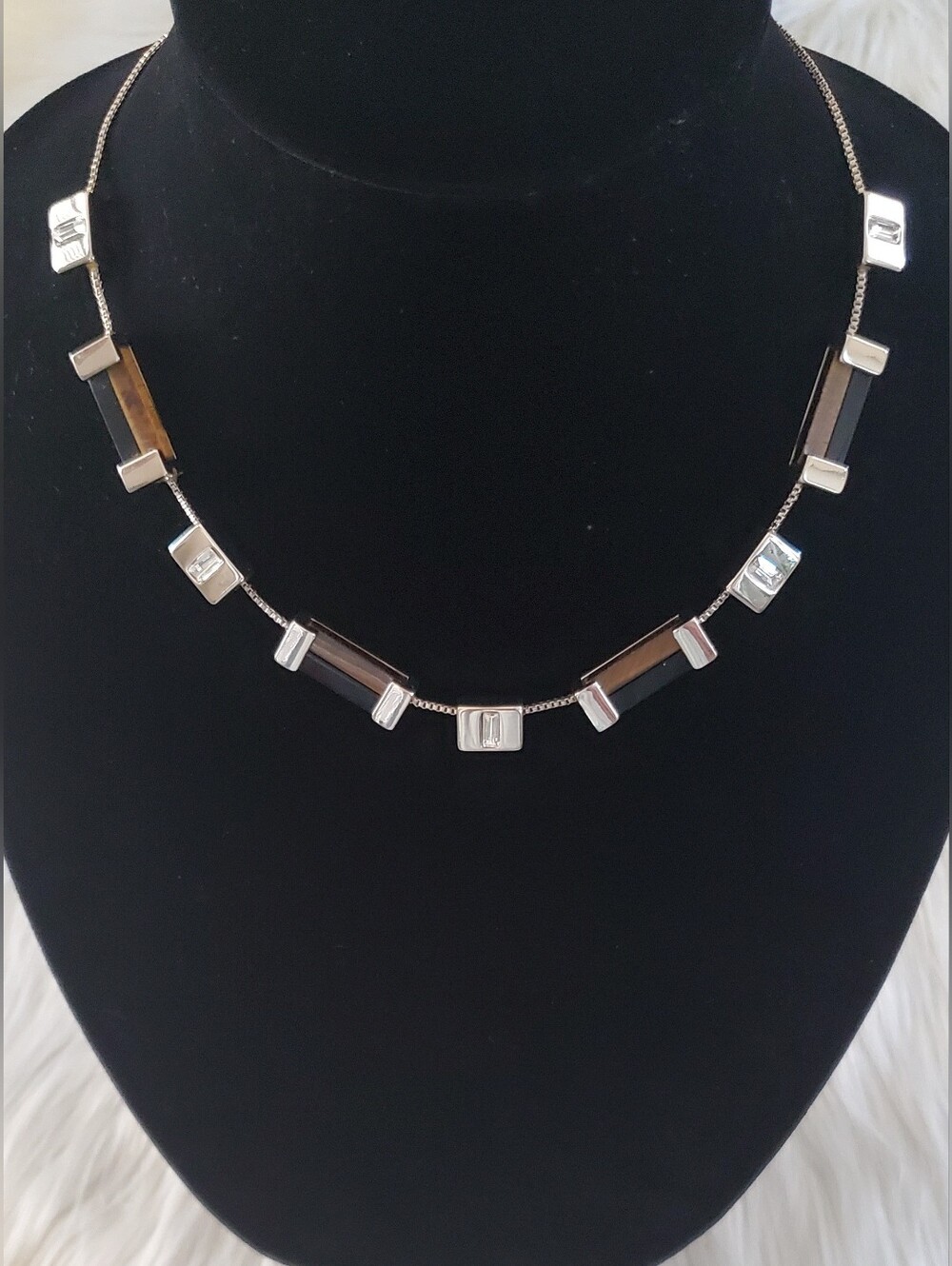 WHBM Silver Tone Geometric Bar Necklace Brown Black Stone | Modern Minimalist